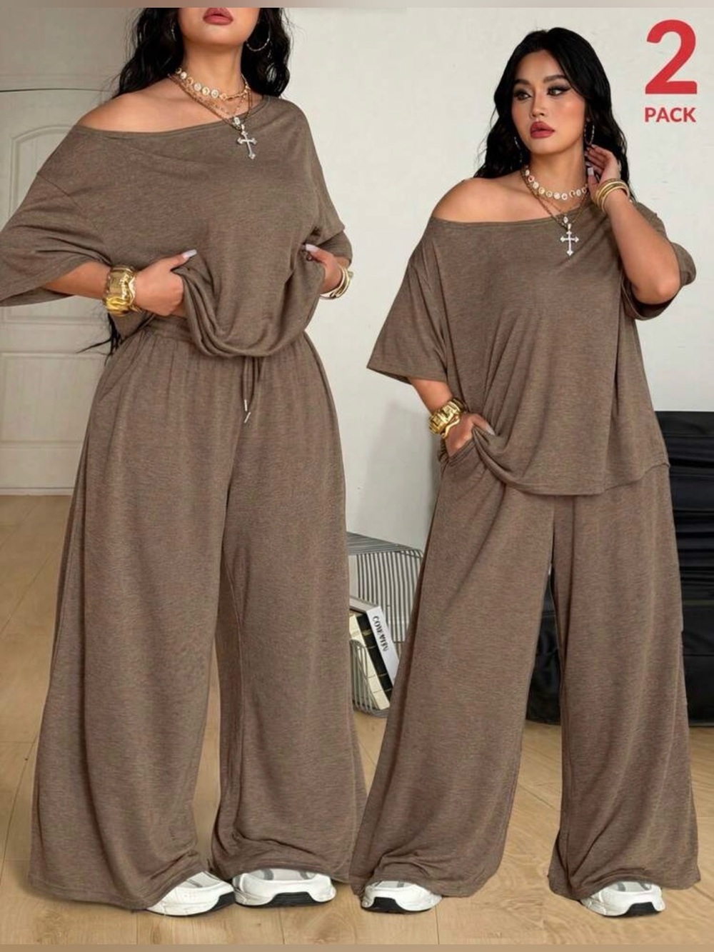 SHEINCurve Brown Wide-Leg Two-Piece Lounge Set